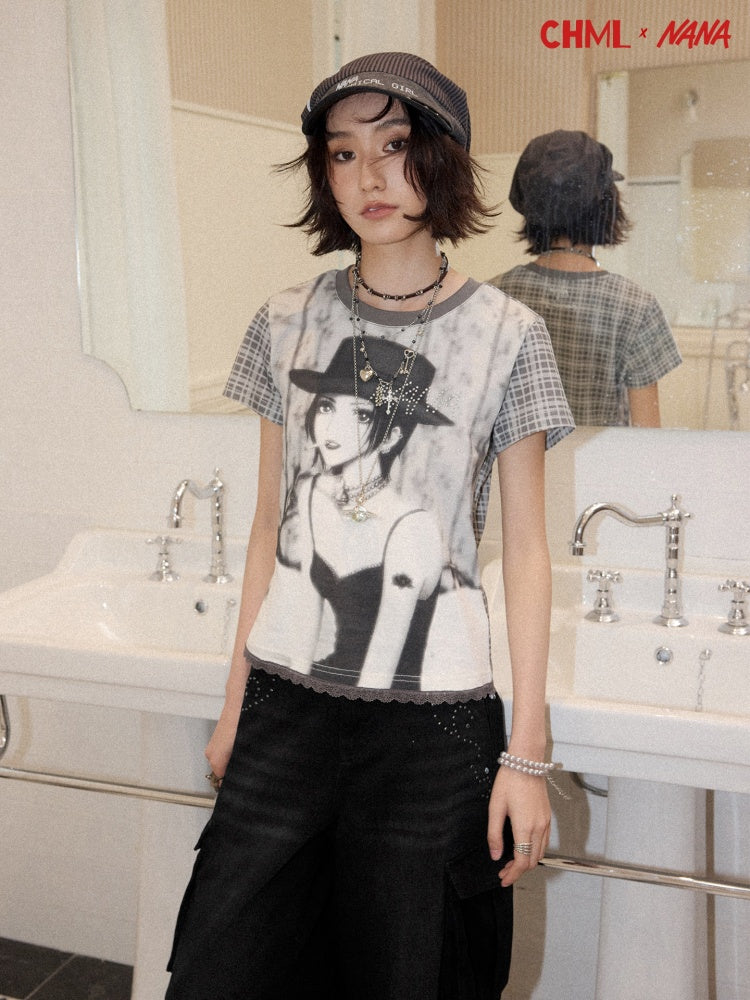 Chemical Girl × NANA Collaboration Plaid Rhinestone Short-Sleeved T-Shirt【s0000016017】