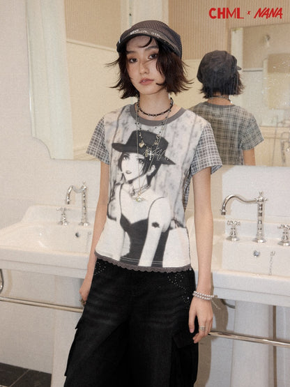 Chemical Girl × NANA Collaboration Plaid Rhinestone Short-Sleeved T-Shirt【s0000016017】