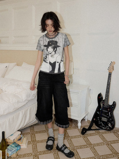 Chemical Girl × NANA Collaboration Plaid Rhinestone Short-Sleeved T-Shirt【s0000016017】