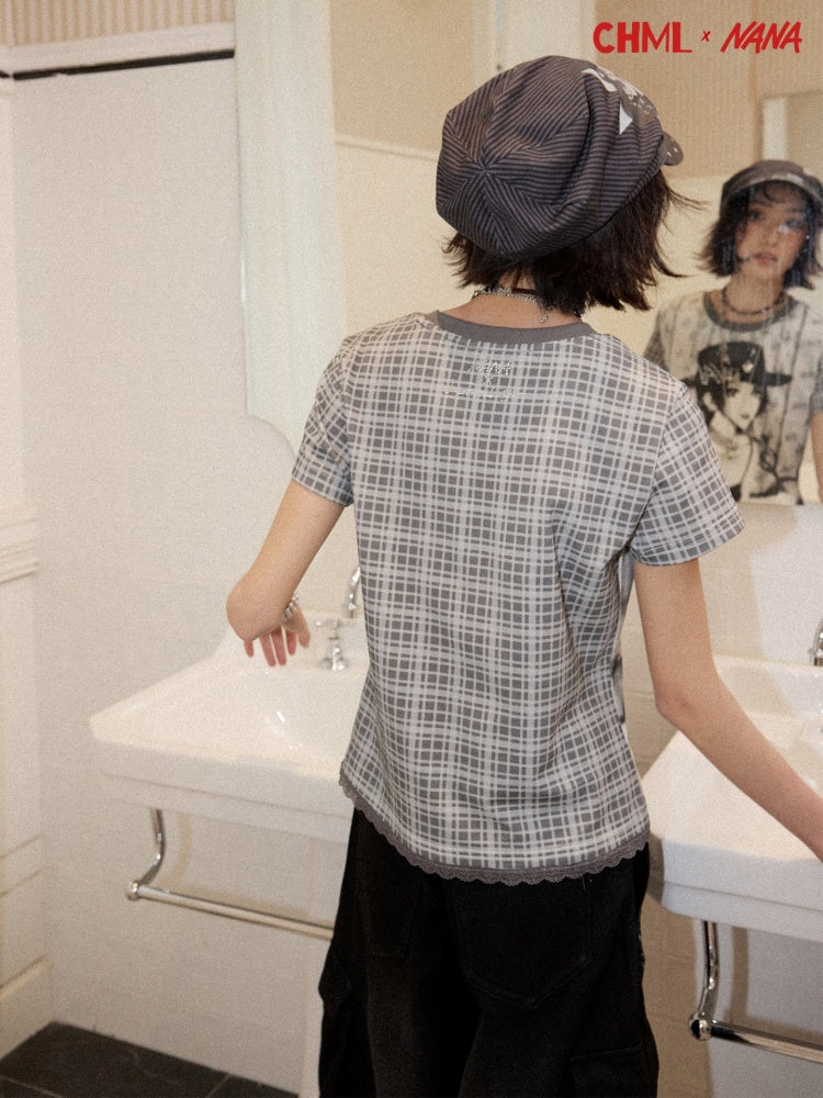 Chemical Girl × NANA Collaboration Plaid Rhinestone Short-Sleeved T-Shirt【s0000016017】