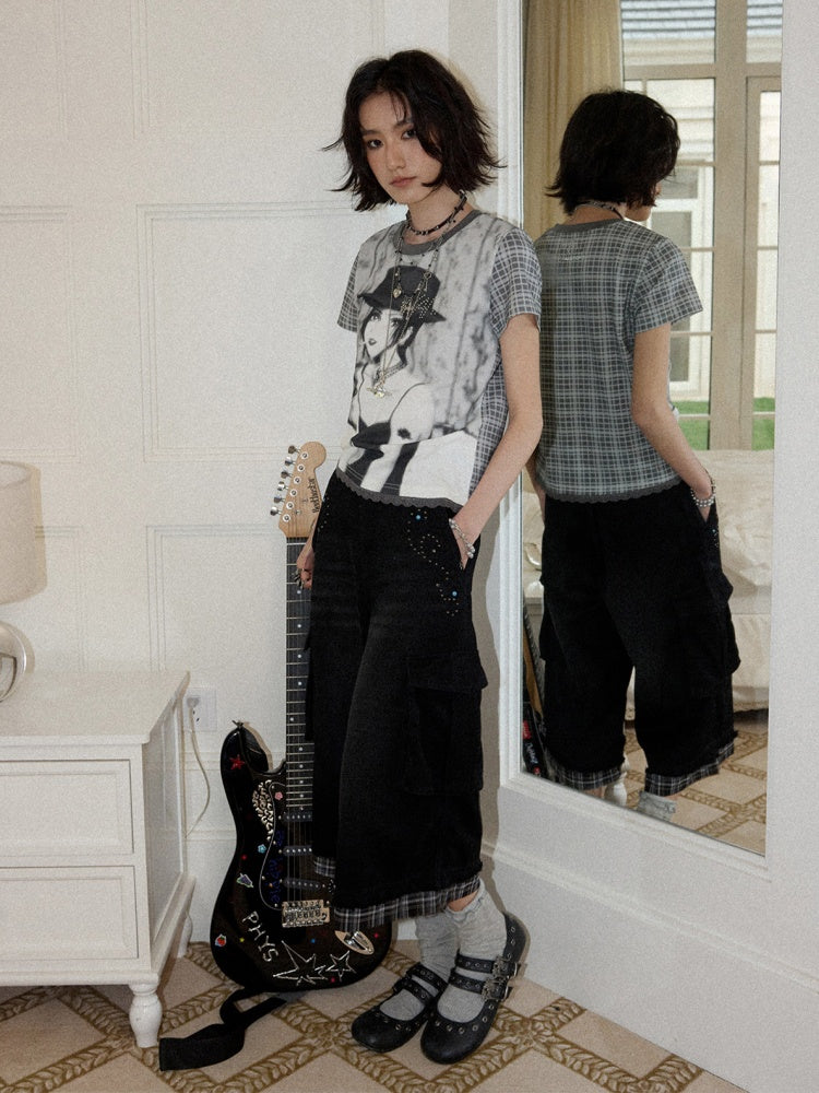 Chemical Girl × NANA Collaboration Plaid Rhinestone Short-Sleeved T-Shirt【s0000016017】