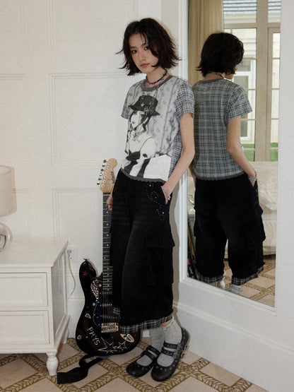 Chemical Girl × NANA Collaboration Plaid Rhinestone Short-Sleeved T-Shirt【s0000016017】