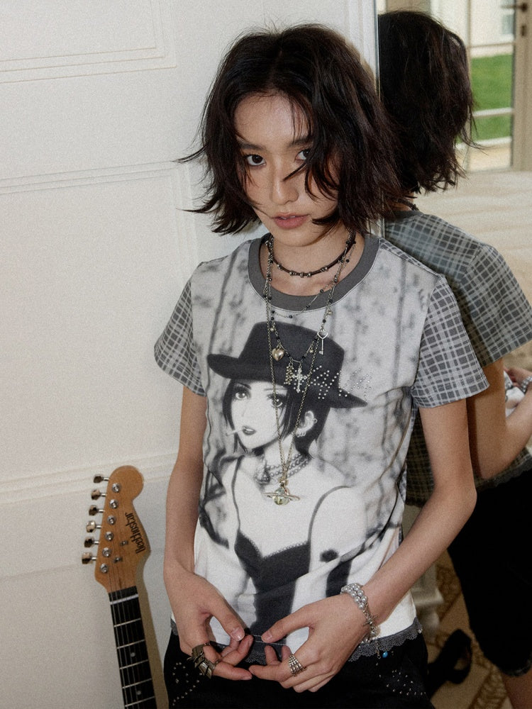 Chemical Girl × NANA Collaboration Plaid Rhinestone Short-Sleeved T-Shirt【s0000016017】