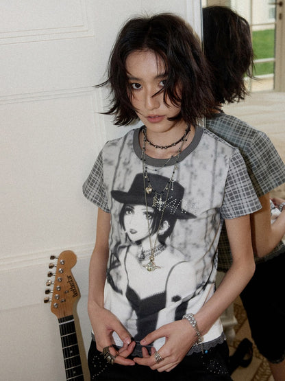 Chemical Girl × NANA Collaboration Plaid Rhinestone Short-Sleeved T-Shirt【s0000016017】