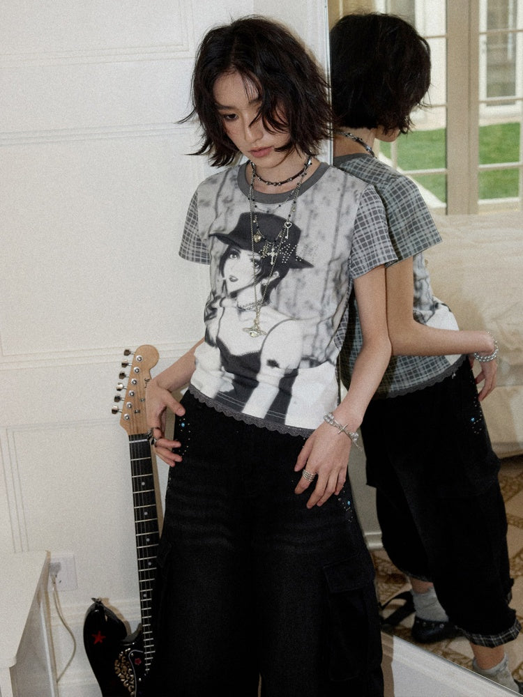 Chemical Girl × NANA Collaboration Plaid Rhinestone Short-Sleeved T-Shirt【s0000016017】