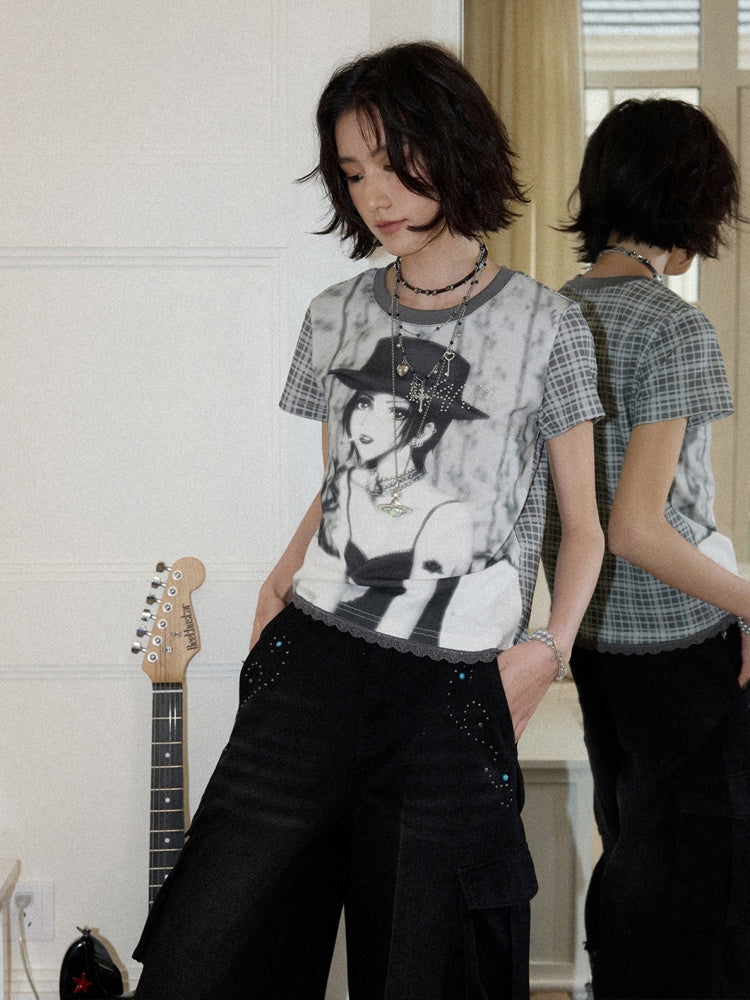Chemical Girl × NANA Collaboration Plaid Rhinestone Short-Sleeved T-Shirt【s0000016017】