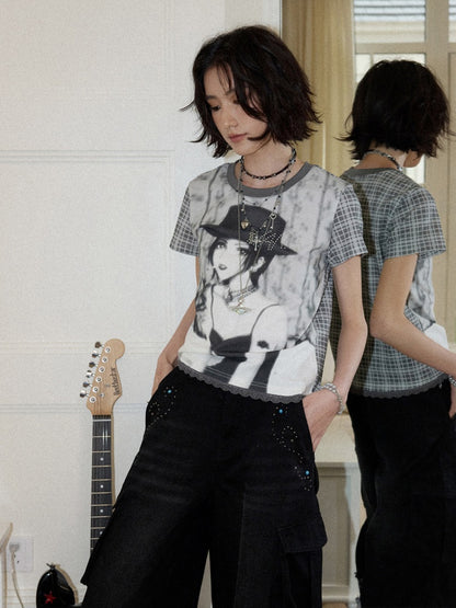 Chemical Girl × NANA Collaboration Plaid Rhinestone Short-Sleeved T-Shirt【s0000016017】