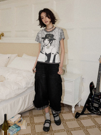 Chemical Girl × NANA Collaboration Plaid Rhinestone Short-Sleeved T-Shirt【s0000016017】