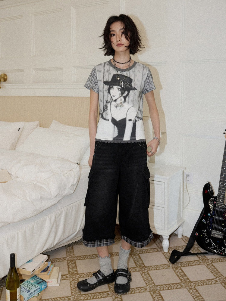 Chemical Girl × NANA Collaboration Plaid Rhinestone Short-Sleeved T-Shirt【s0000016017】