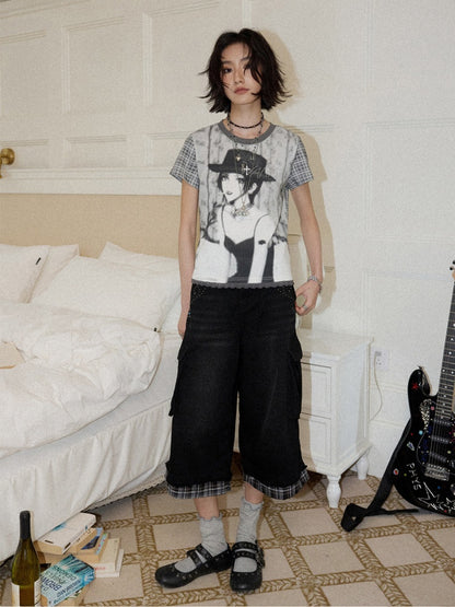 Chemical Girl × NANA Collaboration Plaid Rhinestone Short-Sleeved T-Shirt【s0000016017】