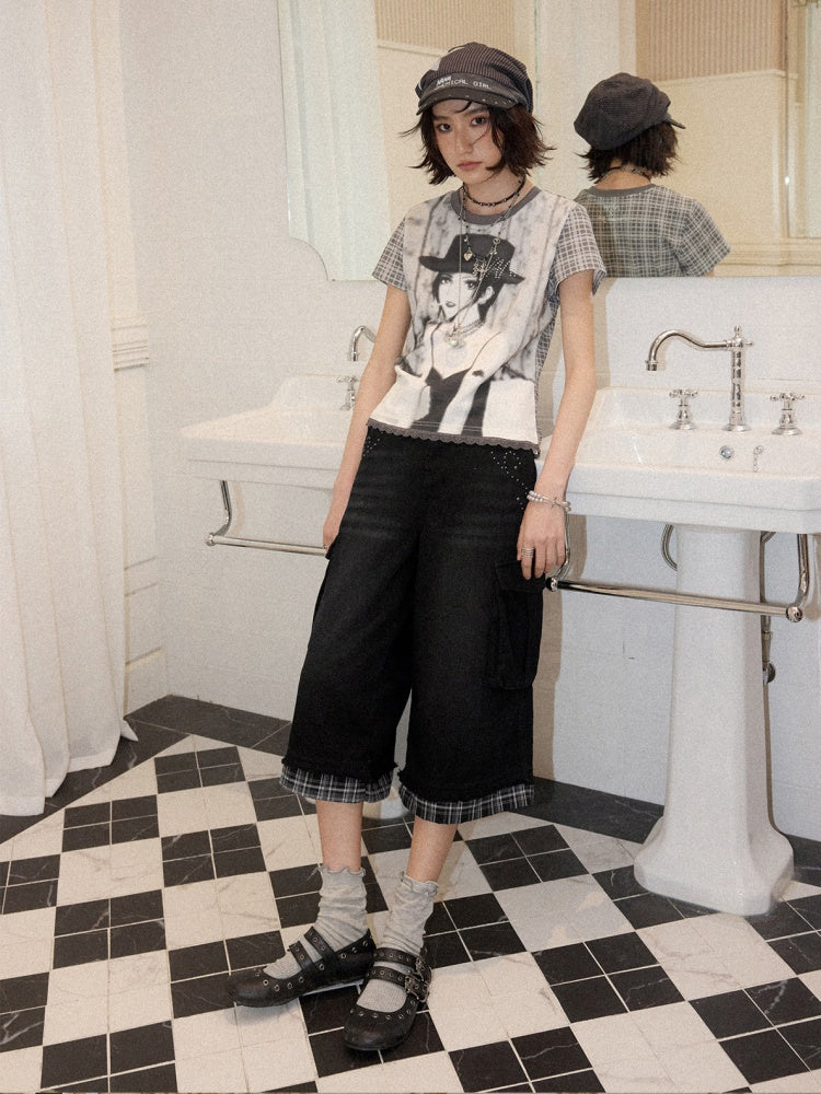 Chemical Girl × NANA Collaboration Plaid Rhinestone Short-Sleeved T-Shirt【s0000016017】