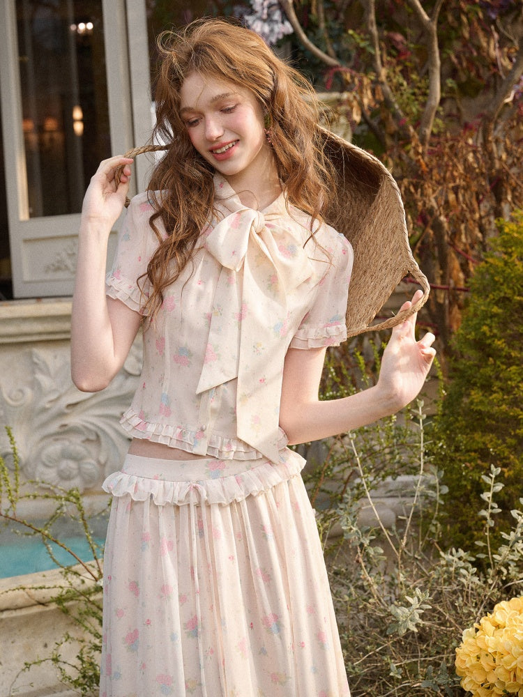 Warm Mediterranean Print Chiffon Blouse & Long Skirt Set【s0000016029】