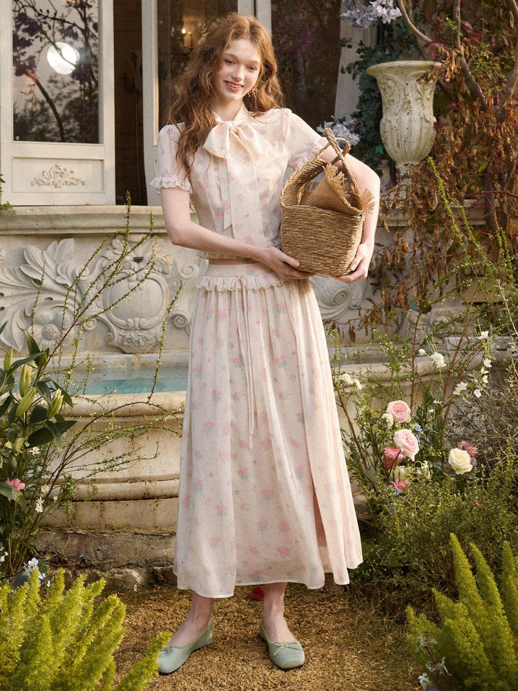 Warm Mediterranean Print Chiffon Blouse & Long Skirt Set【s0000016029】