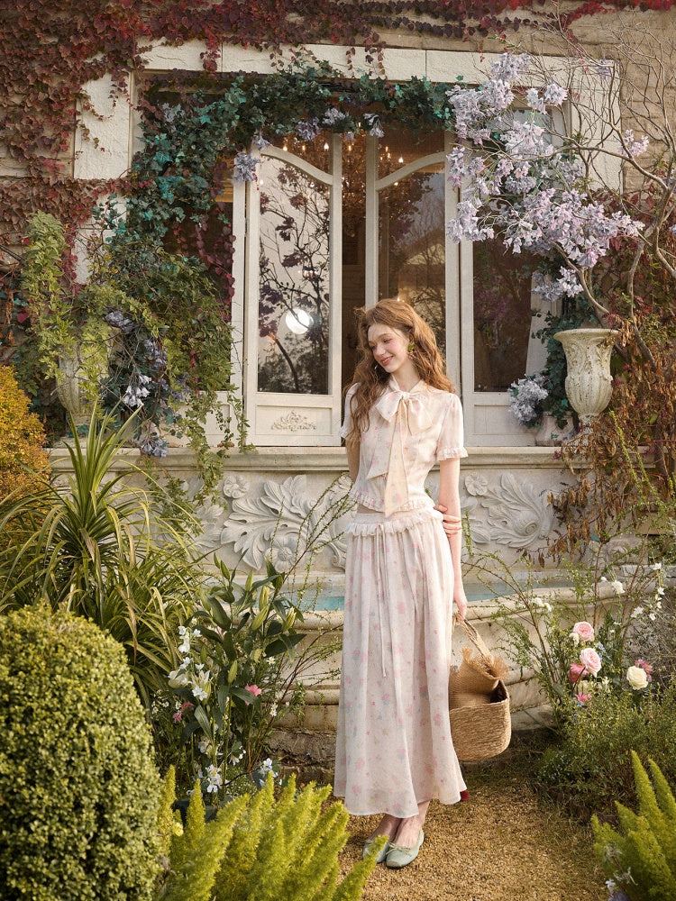 Warm Mediterranean Print Chiffon Blouse & Long Skirt Set【s0000016029】
