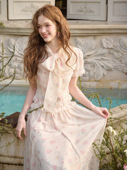 Warm Mediterranean Print Chiffon Blouse & Long Skirt Set【s0000016029】