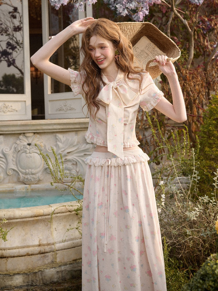 Warm Mediterranean Print Chiffon Blouse & Long Skirt Set【s0000016029】