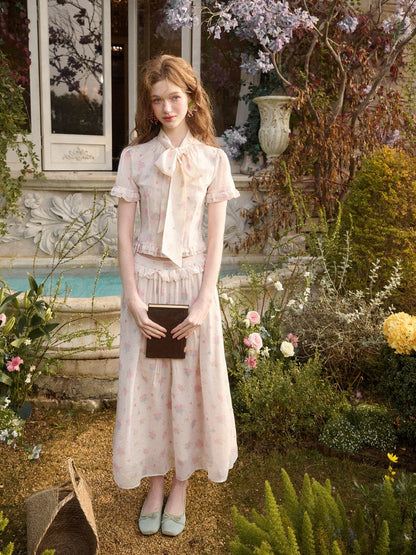Warm Mediterranean Print Chiffon Blouse & Long Skirt Set【s0000016029】