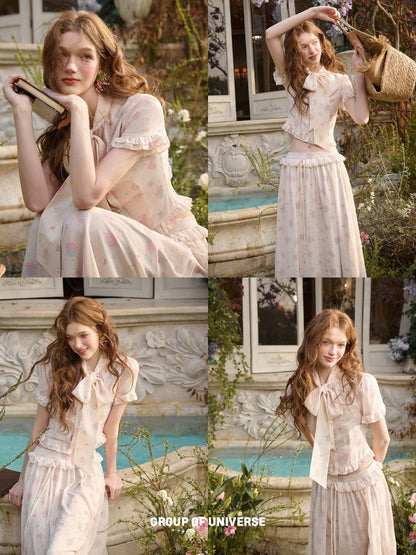 Warm Mediterranean Print Chiffon Blouse & Long Skirt Set【s0000016029】