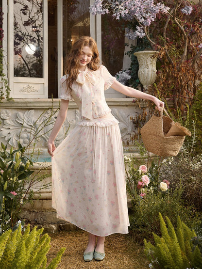 Warm Mediterranean Print Chiffon Blouse & Long Skirt Set【s0000016029】
