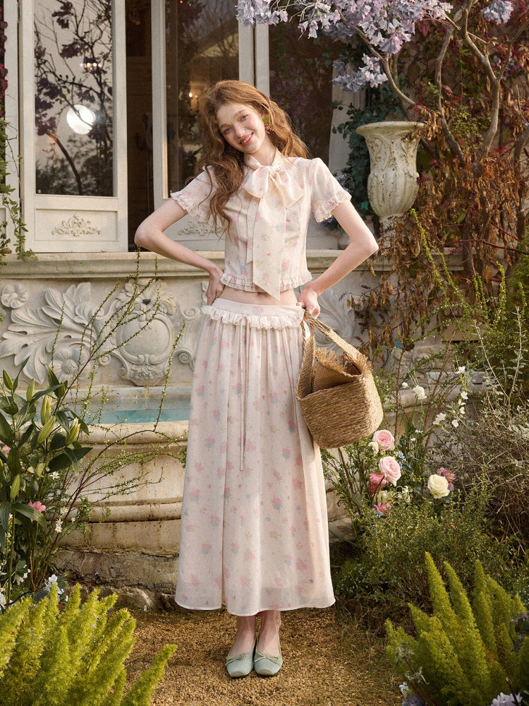 Warm Mediterranean Print Chiffon Blouse & Long Skirt Set【s0000016029】