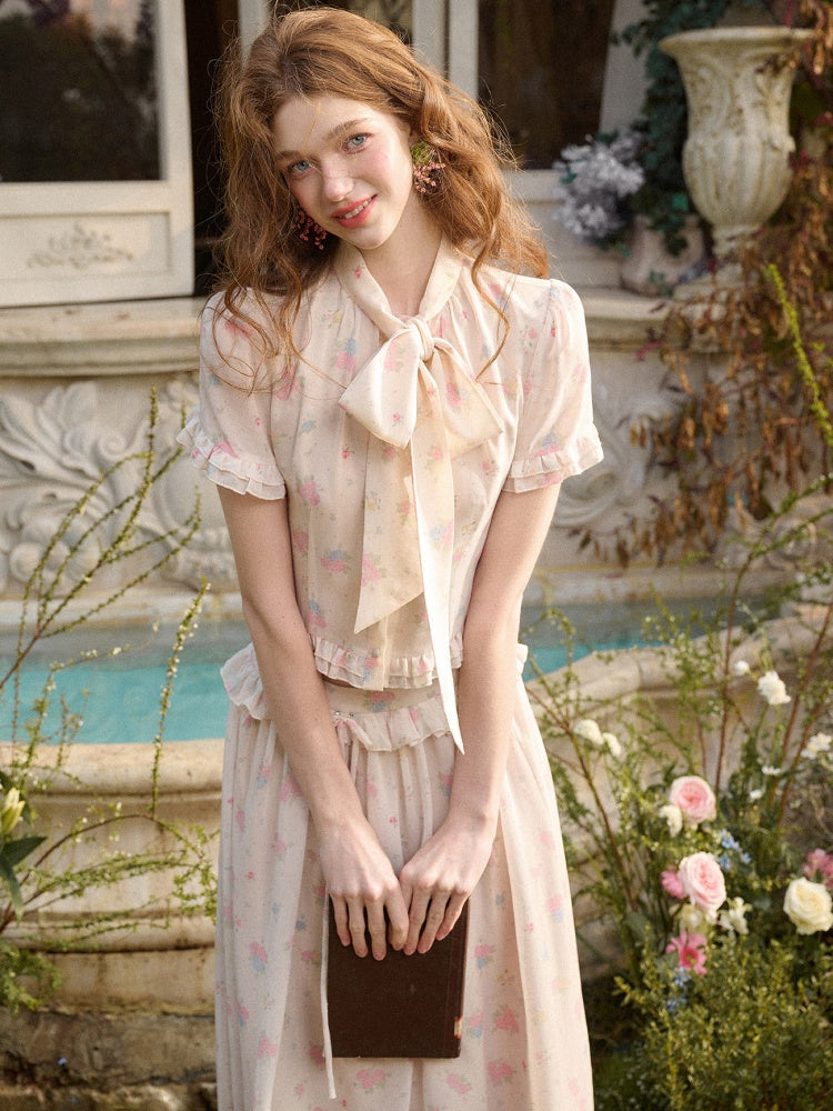 Warm Mediterranean Print Chiffon Blouse & Long Skirt Set【s0000016029】