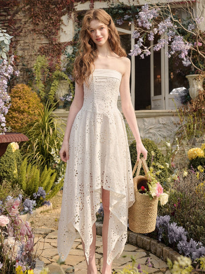 Elegant Eyelet Embroidery Irregular Skirt Dress【s0000016031】