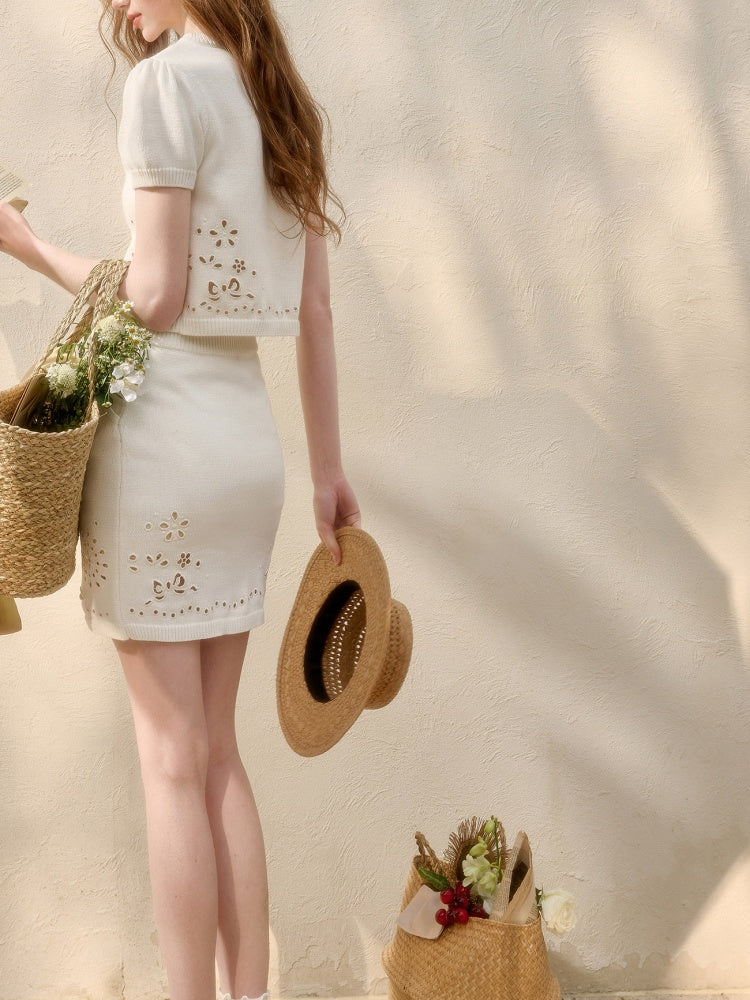 Flower Ribbon Embroidery Eyelet Knit Cardigan & Mini Skirt【s0000016034】