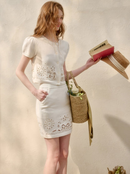 Flower Ribbon Embroidery Eyelet Knit Cardigan & Mini Skirt【s0000016034】
