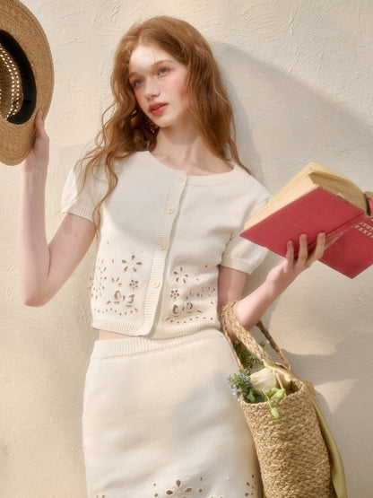 Flower Ribbon Embroidery Eyelet Knit Cardigan & Mini Skirt【s0000016034】