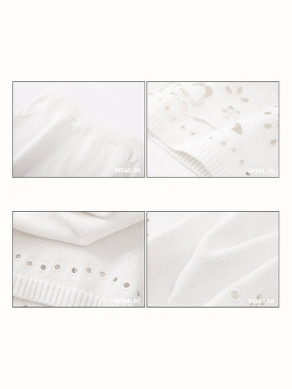 Flower Ribbon Embroidery Eyelet Knit Cardigan & Mini Skirt【s0000016034】
