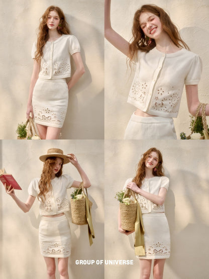 Flower Ribbon Embroidery Eyelet Knit Cardigan & Mini Skirt【s0000016034】