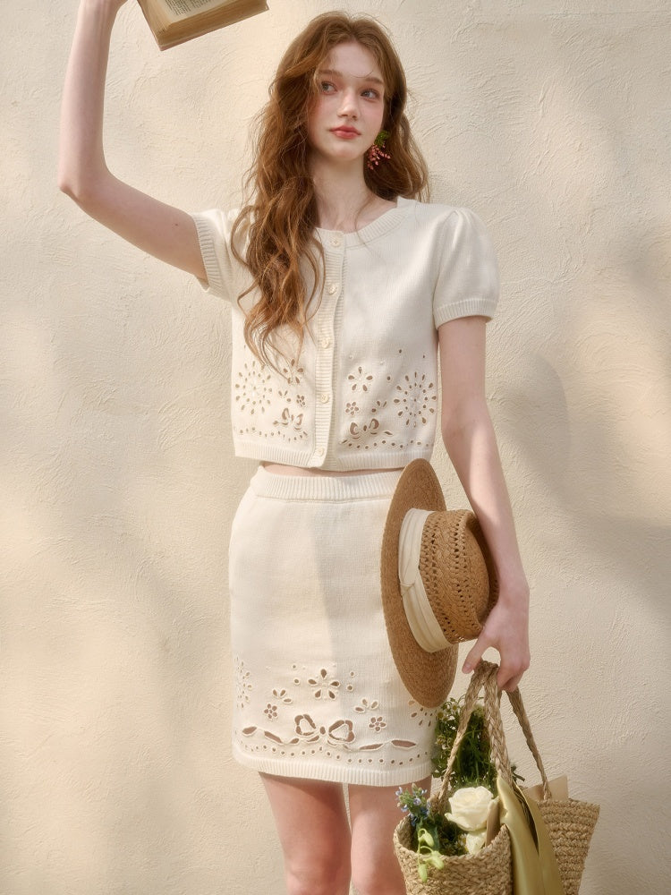 Flower Ribbon Embroidery Eyelet Knit Cardigan & Mini Skirt【s0000016034】