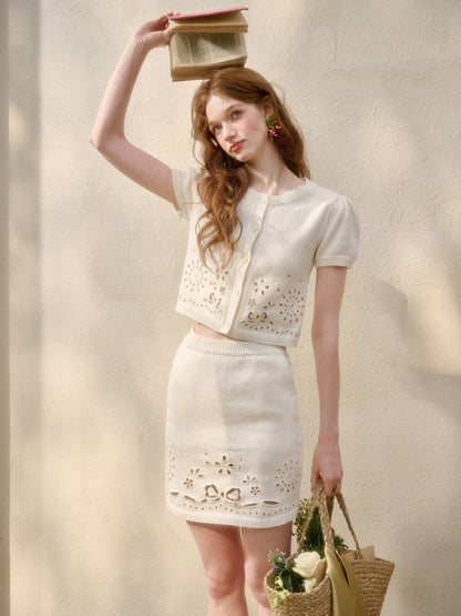 Flower Ribbon Embroidery Eyelet Knit Cardigan & Mini Skirt【s0000016034】