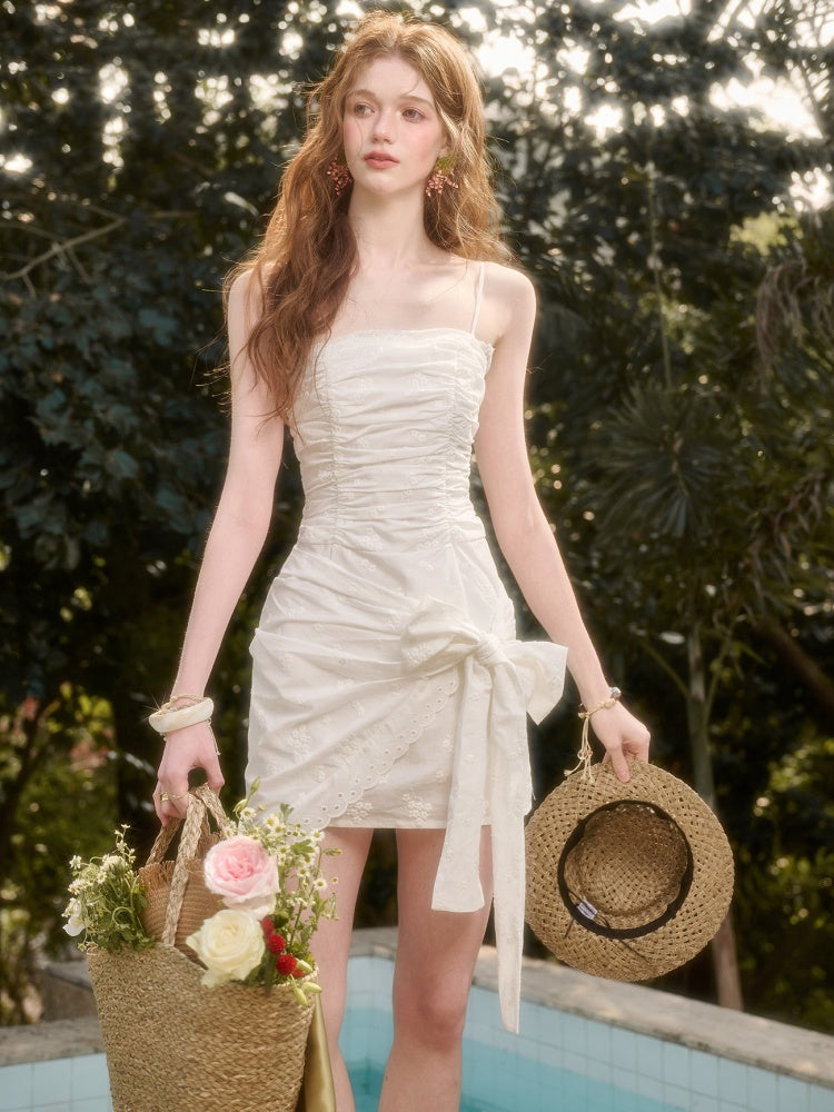 Ribbon Wrap Gathering Eyelet Embroidery Dress【s0000016035】