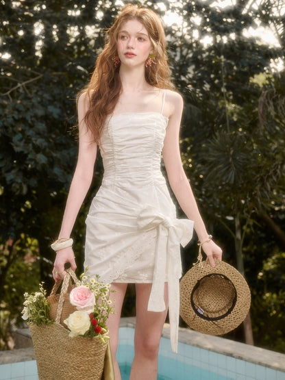 Ribbon Wrap Gathering Eyelet Embroidery Dress【s0000016035】