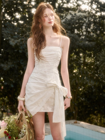 Ribbon Wrap Gathering Eyelet Embroidery Dress【s0000016035】