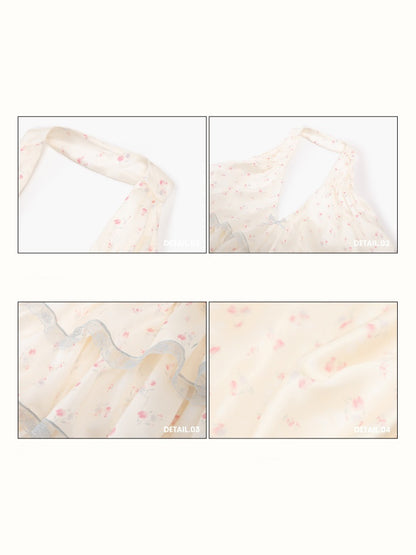 Floral Satin Tiered Ruffles Halter Neck Camisole & Skirt【s0000016037】