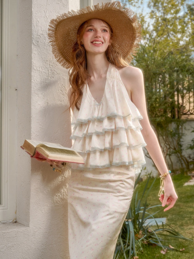 Floral Satin Tiered Ruffles Halter Neck Camisole & Skirt【s0000016037】