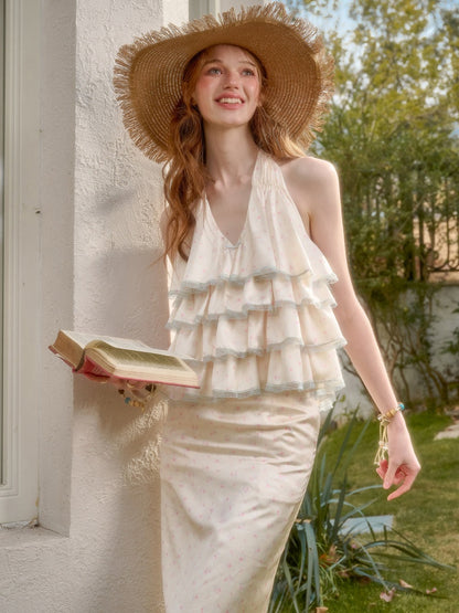 Floral Satin Tiered Ruffles Halter Neck Camisole & Skirt【s0000016037】