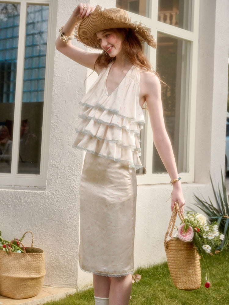 Floral Satin Tiered Ruffles Halter Neck Camisole & Skirt【s0000016037】