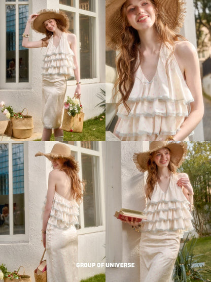 Floral Satin Tiered Ruffles Halter Neck Camisole & Skirt【s0000016037】