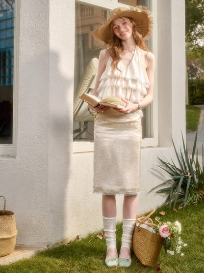 Floral Satin Tiered Ruffles Halter Neck Camisole & Skirt【s0000016037】