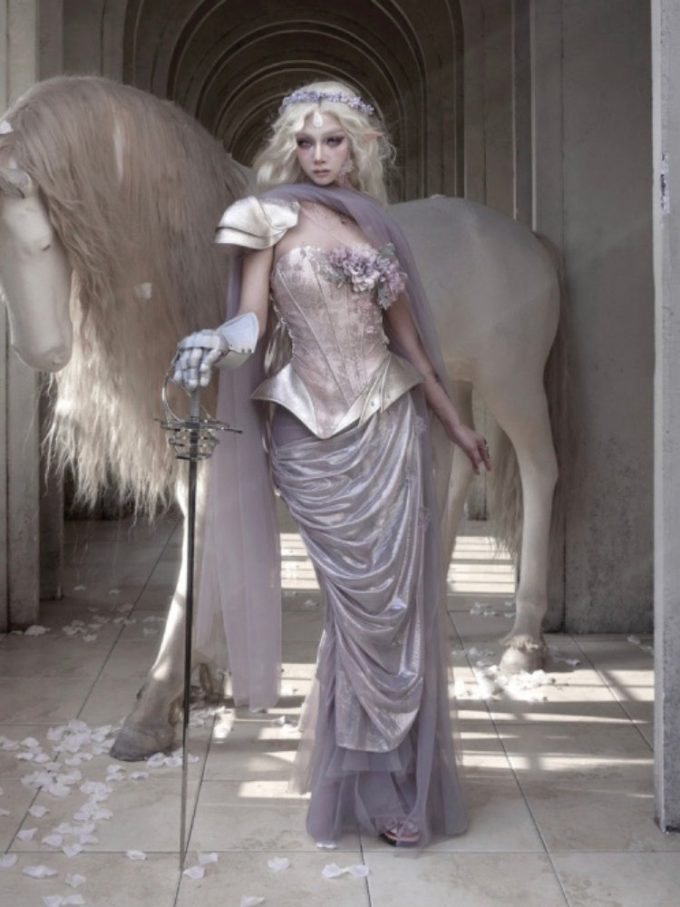 Silver Flower Asymmetrical Elf Wind Fairy Armor Fishbone Corset【s0000016143】