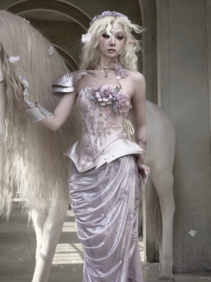 Silver Flower Asymmetrical Elf Wind Fairy Armor Fishbone Corset【s0000016143】