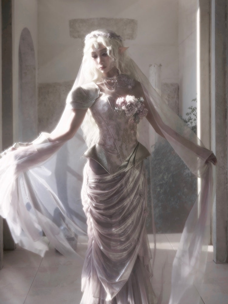 Silver Flower Asymmetrical Elf Wind Fairy Armor Fishbone Corset【s0000016143】