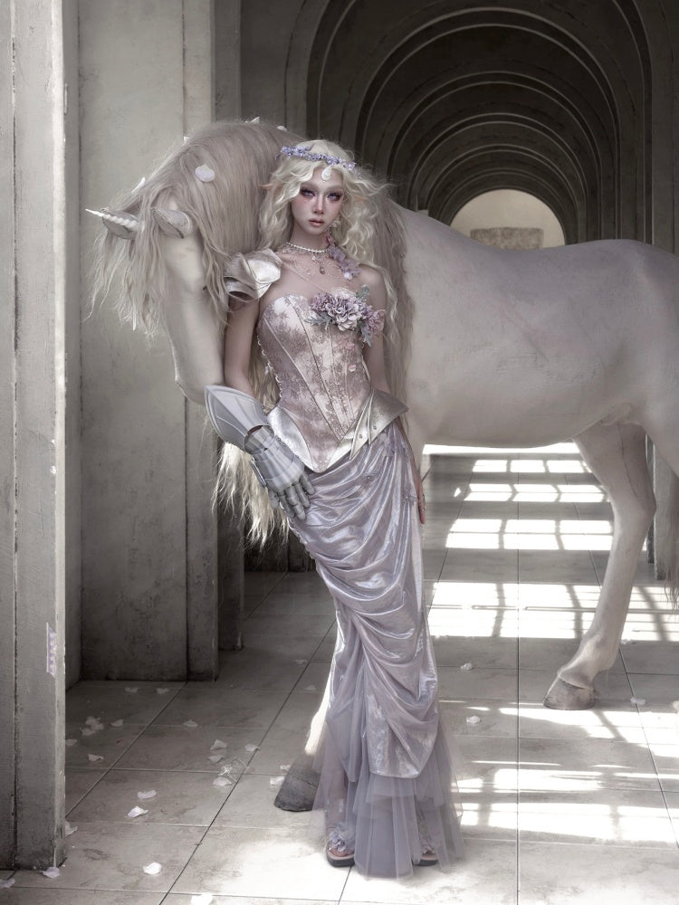 Silver Flower Asymmetrical Elf Wind Fairy Armor Fishbone Corset【s0000016143】