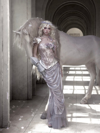 Silver Flower Asymmetrical Elf Wind Fairy Armor Fishbone Corset【s0000016143】