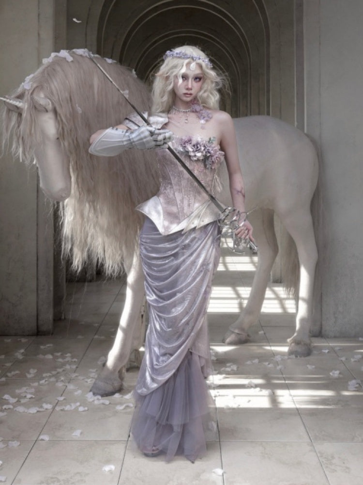 Silver Flower Asymmetrical Elf Wind Fairy Armor Fishbone Corset【s0000016143】