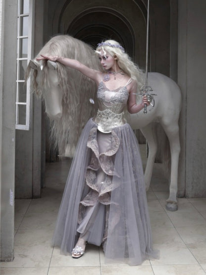 Silver Glitter Diamond Armor Fishbone Studded Waistband Corset【s0000016146】