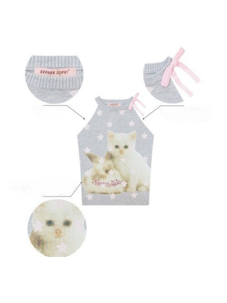 Bow Star Cat & Rabbit Print Slimming Knitted Vest【s0000016148】